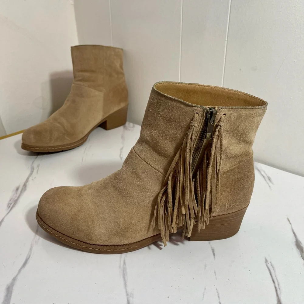 boc Tan Suede Ankle Booties with Fringe Size 10